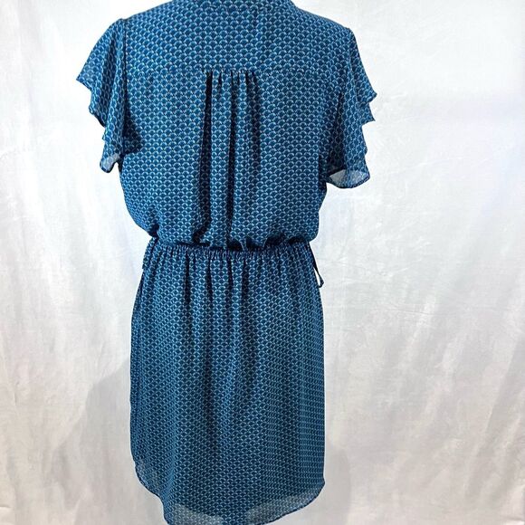 H&M deep turquoise blue patterned flutter sleeve tie sides dress size large - Picture 5 of 7
